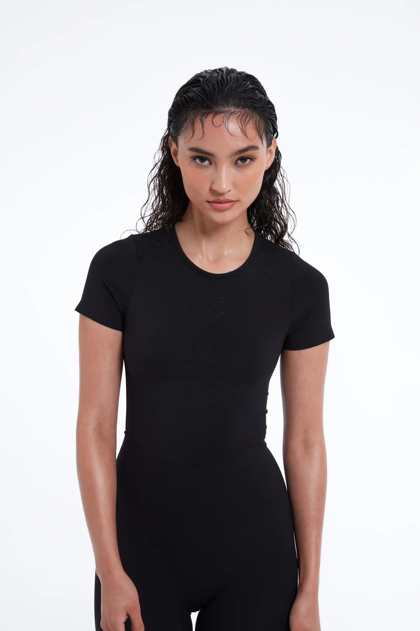 TSM Skin Tight Tee in Onyx Black – women’s fitted activewear top with soft breathable stretch fabric