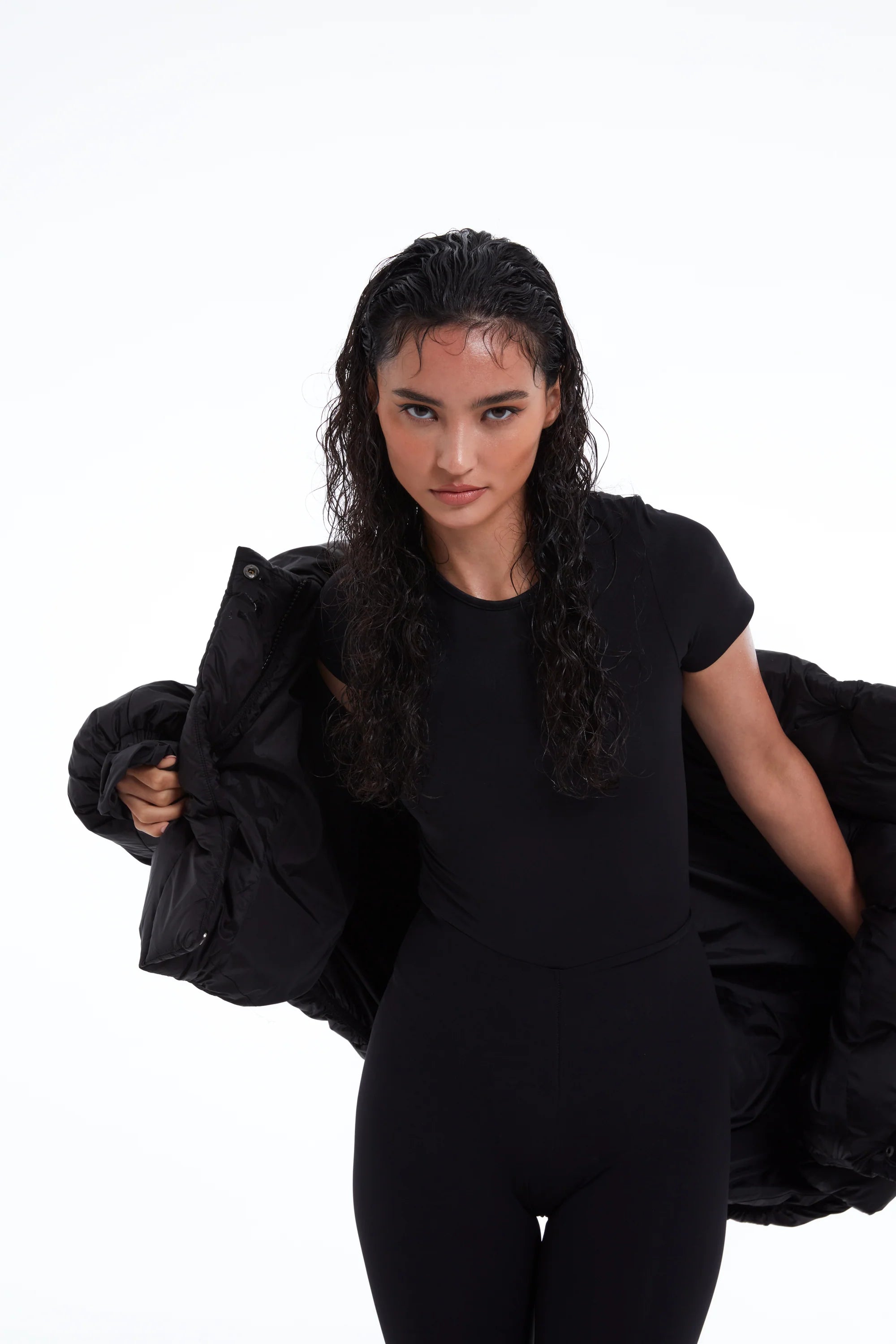 TSM Women’s Duvet Puffer Jacket in Ink Black – lightweight cropped outerwear with zipper and side pockets