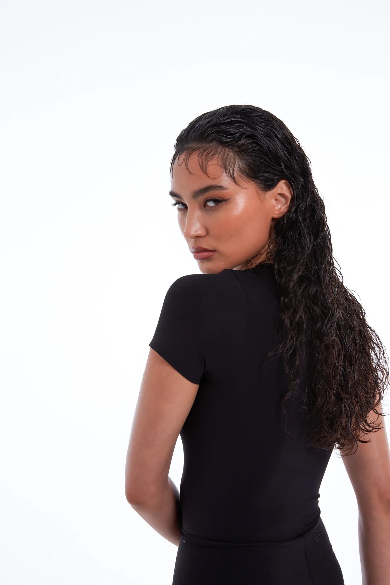 TSM Skin Tight Tee in Onyx Black – women’s fitted activewear top with soft breathable stretch fabric