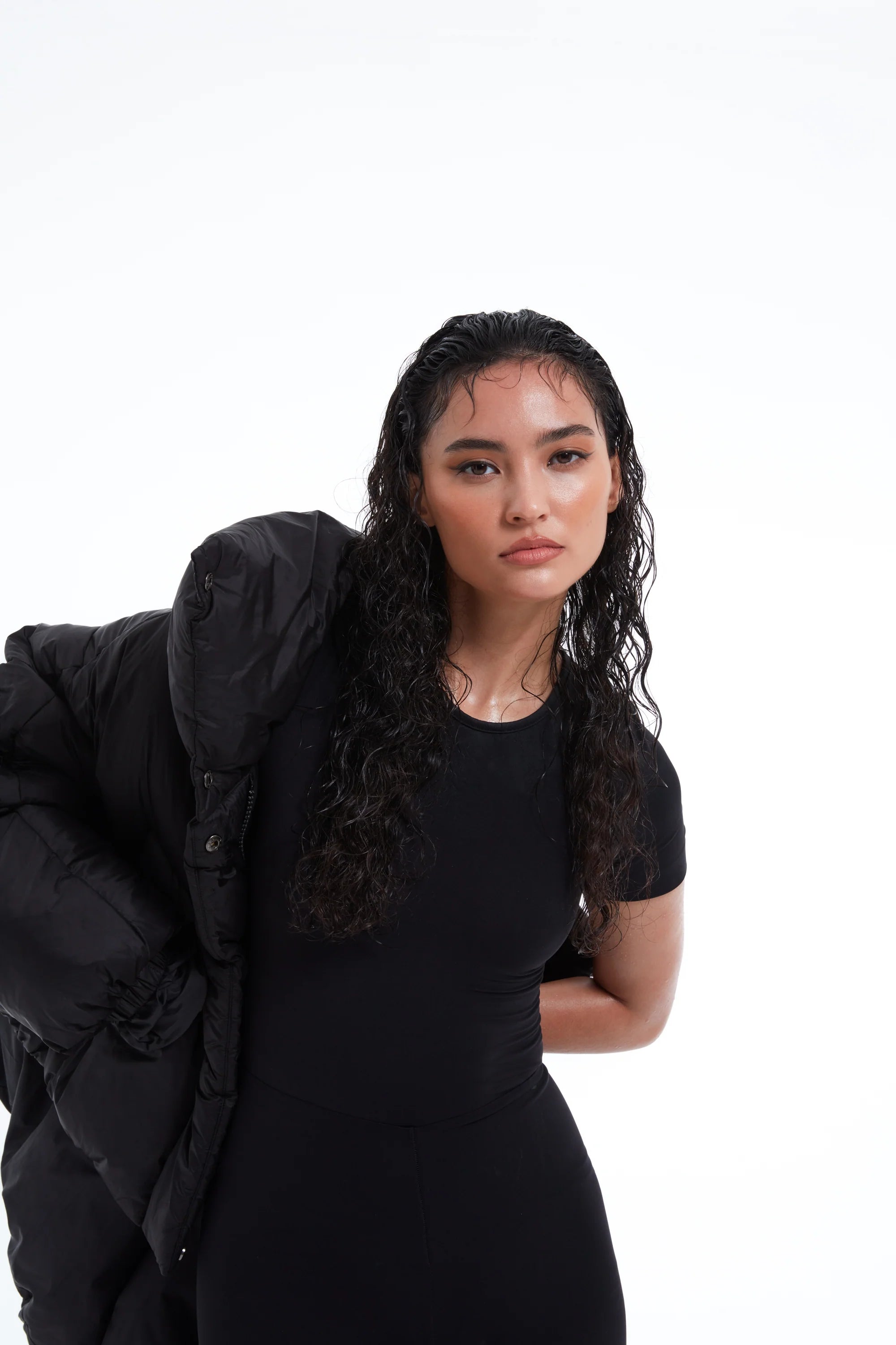 TSM Women’s Duvet Puffer Jacket in Ink Black – lightweight cropped outerwear with zipper and side pockets