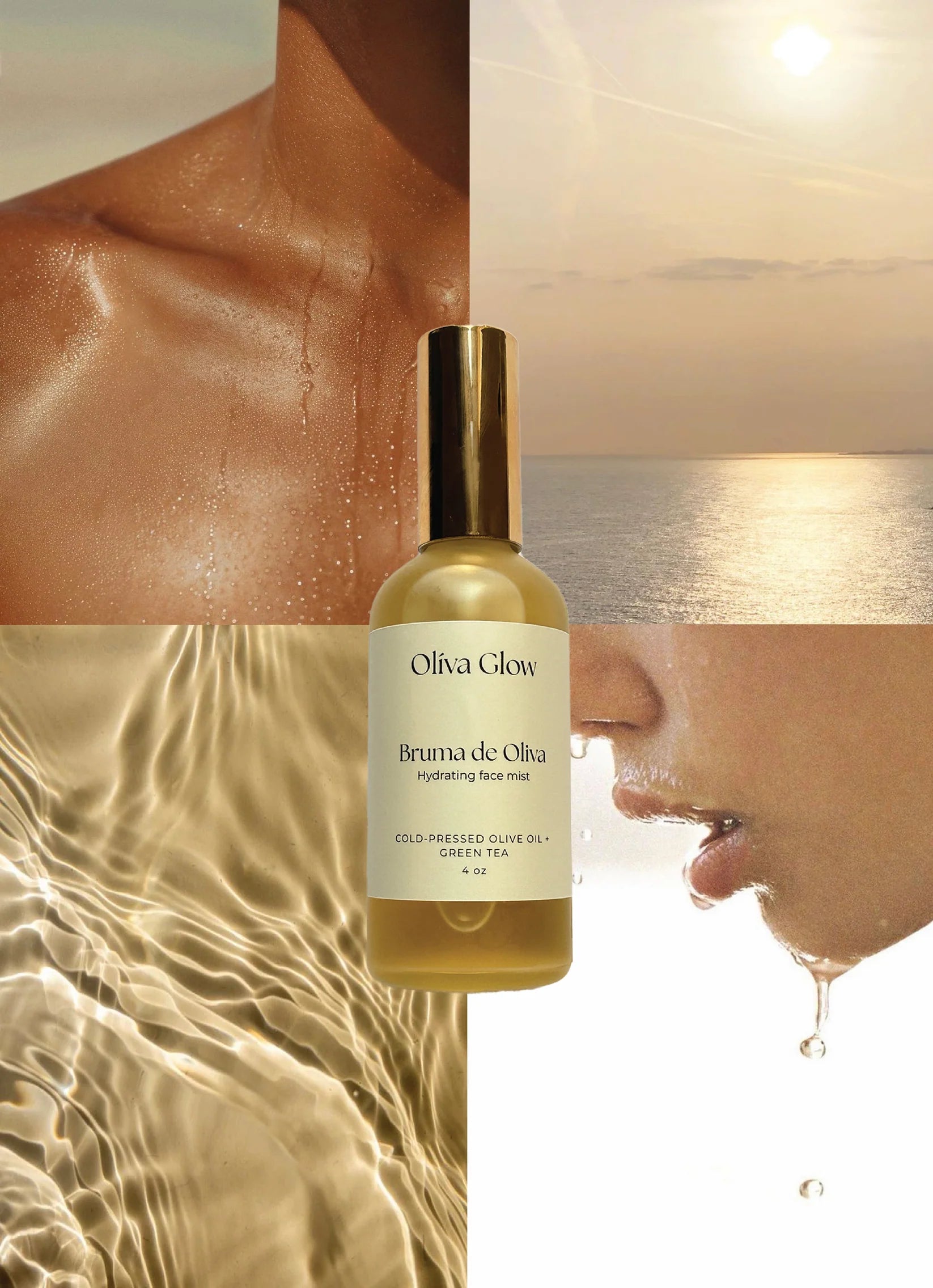 Olíva Glow Bruma de Oliva face mist with olive and green tea extract for hydrated, radiant skin.